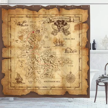 Námorné Island Mapa Sprchové Závesy,Vintage Staré Mapy Pirátskej Lodi Dekor Polyester Tichom Dávnych Pirate Treasure Map Sprchový Záves
