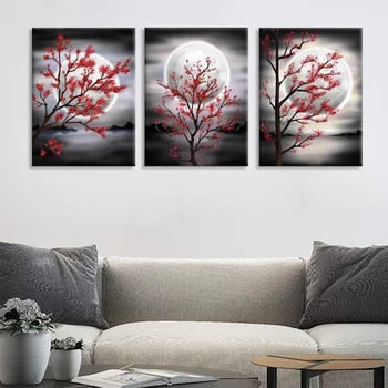 3 Kusy Čierna a Červená DIY Diamond Maľovanie Triptych Full Moon Červený Kvet Stromu Maľovanie Prírody, Krajiny Pre Obývacia Izba Dekor