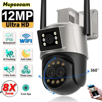 12MPX 8X Zoom PTZ WiFi Kamera Tri Objektív Dual Screen Color Nočné Videnie Vonkajšie Bezpečnostné IP Kamera CCTV Kamery ICSEE