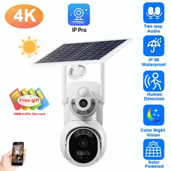 4K Duálny Objektív 4G Sim, Fotoaparát Solárny Panel Vonkajšie Nízke Powered Cam Farebné Nočné Videnie PIR Alarm, obojsmerné Audio Solárne CCTV IP Kamery