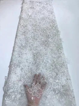Luxusné francúzske Výšivky Ženícha Čipky Tkaniny Vysokej Kvality 3D Korálkové Čipky Afriky Nigérijský Sequin Čipky Textílie Pre Svadobné Šaty