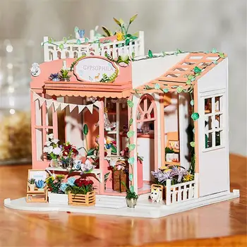 Miniatúrne Domu Model Drevenej Architektúry Hračky, Led Svetlo, Rastliny Ornament, Nábytok, Hračky Chytrý Dizajn Pre Dospelých, Tínedžerov