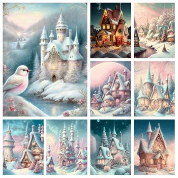 Fantasy Scenérie Snehu Diamond Kamienkami Maľovanie Vianočných Zimné Ružový Hrad Cross Stitch Výšivky Obraz Mozaiky Domova