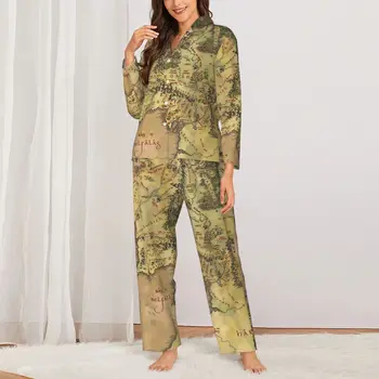 Retro Mapu Sleepwear Jeseň MIDDLE EARTH Bežné Nadrozmerná Pajama Sady Lady Long-Sleeve Elegantné Noc Vlastný Odev