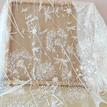 3D Korálkové Slonoviny Tylu Čipky Textílie s Púpava Dragonfly Haute Couture Weddiing Šaty Plážové Šaty DIY Kvet Textílie podľa Dvore