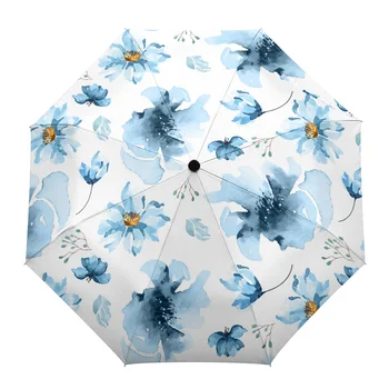 Akvarel Modrými Kvetmi Na Jar Automatický Dáždnik Cestovný Skladací Dáždnik Prenosné Vetru Parasol Dáždniky