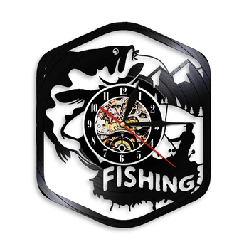 Rybárčenie Nástenné Hodiny Moderný Dizajn Ryby A Fishmen Siluetu Tieň Vinyl Nástenné Hodiny 3D Stenu Hodinky Stenu Decor