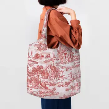 Opakovane Vintage Francúzskej Toile De Jouy Motív Vzor Nákupní Taška Ženy Ramenný Plátno Tote Bag Umývateľný Obchod S Potravinami Shopper Tašky