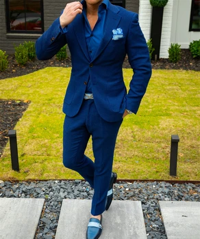 Tmavo Modré Elegantné Obleky pre Mužov, 2 KS Sako Nohavice, Slim Fit Business oblečenie Prispôsobené Formálne Svadobné Party Mužský Oblek