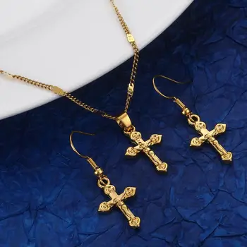 Moderný Cross Prívesok Náušnice, Náhrdelník Zlatá Farba Kríž Kresťanský Kúzlo Šperky Set