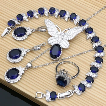 Blue Sapphire Šperky Sady pre Ženy, 925 Sterling Silver Šperky Motýľ Brošňa Náušnice, Náhrdelník Prsteň Náramok Nastaviť Darček