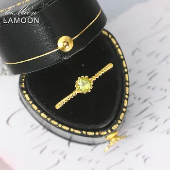 LAMOON 925 Strieborný Prsteň Pre Ženy Prírodné Peridot Drahokam 14K Zlata Plátovaného Jemné Šperky Twist kórejský Krúžok Šťastie Kameň Bijou RI121