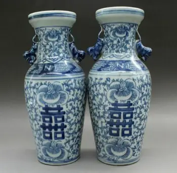 Pár Čína Staré modrá a biela porcelánová váza, dvojité šťastie