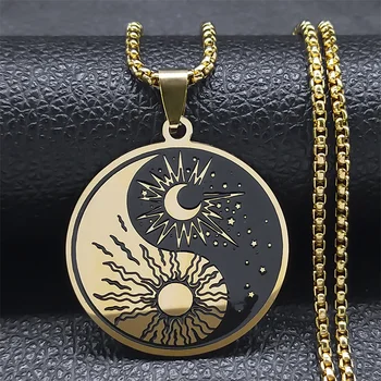 Yin Yang Mesiac a Slnko Náhrdelník Prívesok pre Ženy, Mužov, z Nehrdzavejúcej Ocele Zlatá Farba Taiji Náhrdelníky Amulet Šperky colar k2744N01
