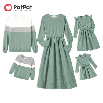 PatPat Rodiny Zodpovedajúce Mint Zelenej Čipky Šaty A Farba-blok Long-sleeve topy Sady