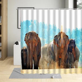 Prírodný Motív Elephant Trávnych Porastov Zverou Lúky Tlač Tvorivé Sprchový Záves Polyester Textílie Vaňa Záclony Vaňou Dekor