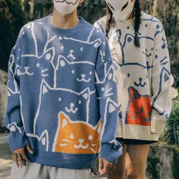 Ženy, Muži Sveter Kreslených Mačka Pletené Top Japonský Retro Harajuku Pulóver Malr Topy Knitwear Na Zimu, Jeseň