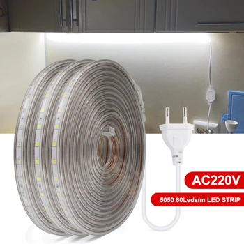 AC220V EÚ Plug V LED Pásy Svetla 60Leds/M, SMD 5050 Nepremokavé Záhrada Domov Obývacia Izba, Kuchyňa Osvetlenie Flexibilné Pásky Lano Lampa