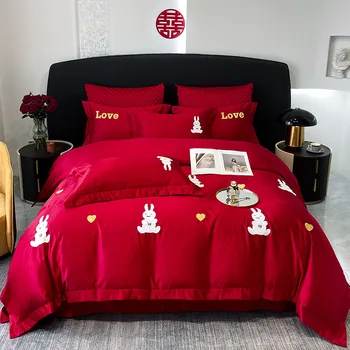 Čínske Svadobné Červená posteľná bielizeň Nastaviť Luxusné Umyté Bavlnené Obliečky Kryt Nastaviť obliečky a obliečky na Vankúše Kráľ Queen Bed Set pre Milovníkov