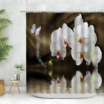 Biela Orchidea, Kvety Sprchový Záves Nastaviť Phalaenopsis Vodné Plochy, Kvetinové Prírodné Scenérie Kúpeľňa Záclony Háčiky Domov Zdobia