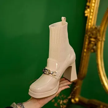 Autor Členkové Ponožky Topánky Ženy Móda Loafer Pletené Krátke Topánky, Ženy Pošmyknúť na Platforme Vysoké Podpätky Štvorcové Prst Botas De Mujer