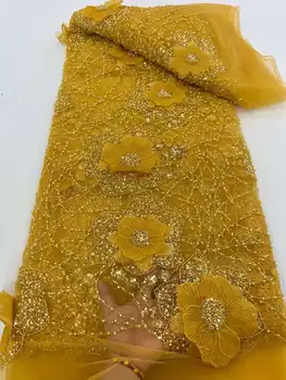 Zlatá Farba Afriky Ručné Korálky, Flitre 3D Tkaniny Vysokej Kvality francúzsky Ženícha Výšivky Nigérijský Materiál pre Lady Šaty